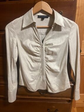 Lafayette 148 New York Shimmery Gold  Ruched Zip-Front Shirt-Jacket 100% Suede